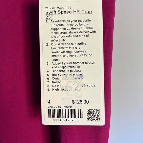 Lululemon Swift Speed HR crop- 23” raspberry color NWT - Picture 5 of 7